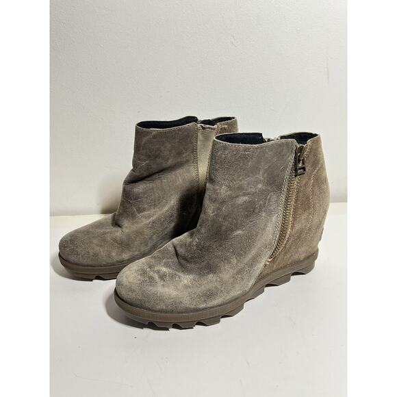 Sorel EUC Light Brown Leather Suede Joan of Arctic Wedge II Zip Boot Bootie 8 - Picture 1 of 6